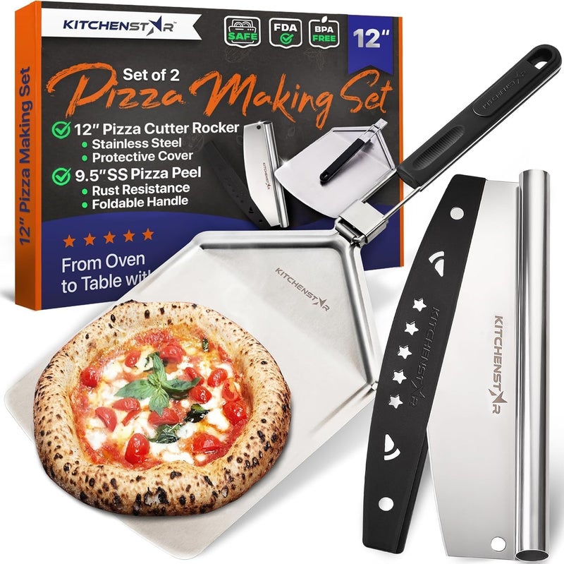 kitchen-star 12" Pizza Making Kit (Set of 2) - 12" Pizza Cutter Rocker Knife with Blade Cover + 9.5" Stainless Steel Pizza Peel with Folding Handle- Ultimate Pizza Oven Accessories - Image 1